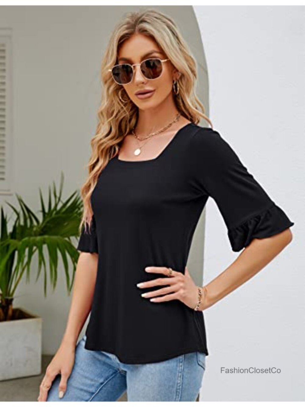 Women's Square Neck 3/4 Bell Sleeve Tunic Blouse Business Casual - Picture 4 of 6